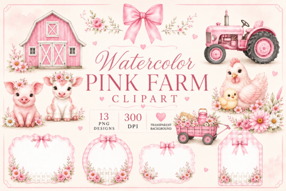 Watercolor Pink Farm Baby Clipart - Download Now
