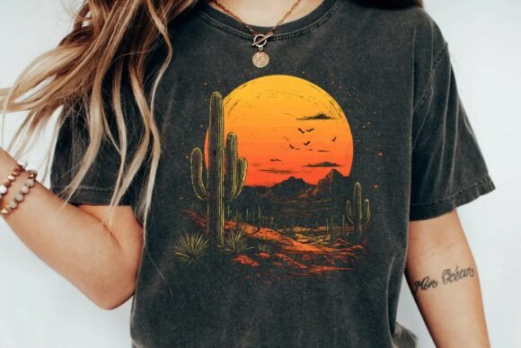 Vintage Desert Sunset Cactus Mountain Retro Graphic T-Shirt Design Png - Download Now