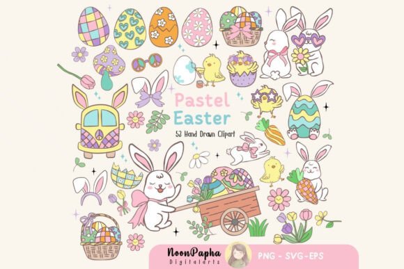 Pastel Easter Bunny Clipart, Chick, Eggs - Download Now