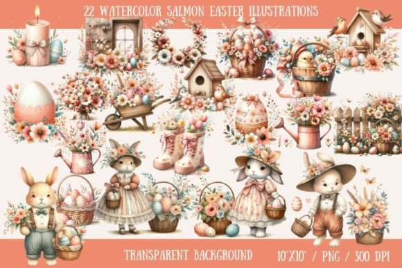 Salmon Watercolor Easter Illustrations - Download Now