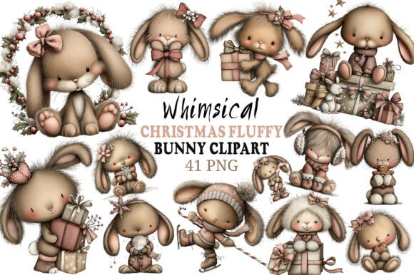 Whimsical Christmas Fluffy Bunny Clipart - Download Now